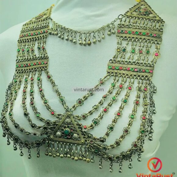 Multilayers Bib Necklace, Tribal Afghan Ethnic Handmade Kuchi Bib Necklace - Picture 3 of 8